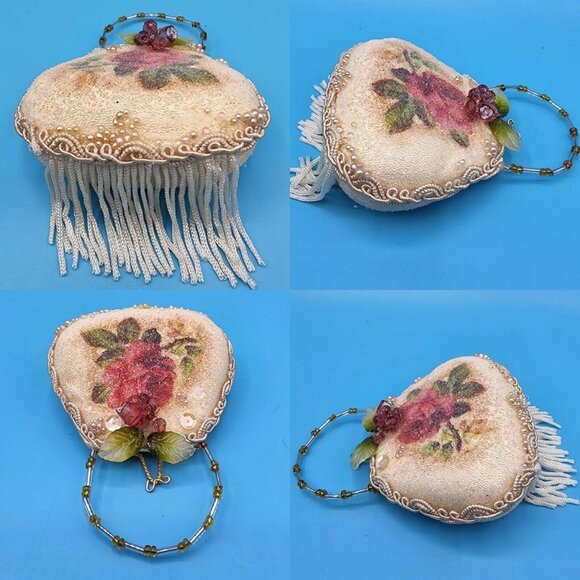Victorian "Sugared" Purse Ornaments Lace Roses Beaded Handle Tulle Ribbon Tassel - Picture 8 of 12